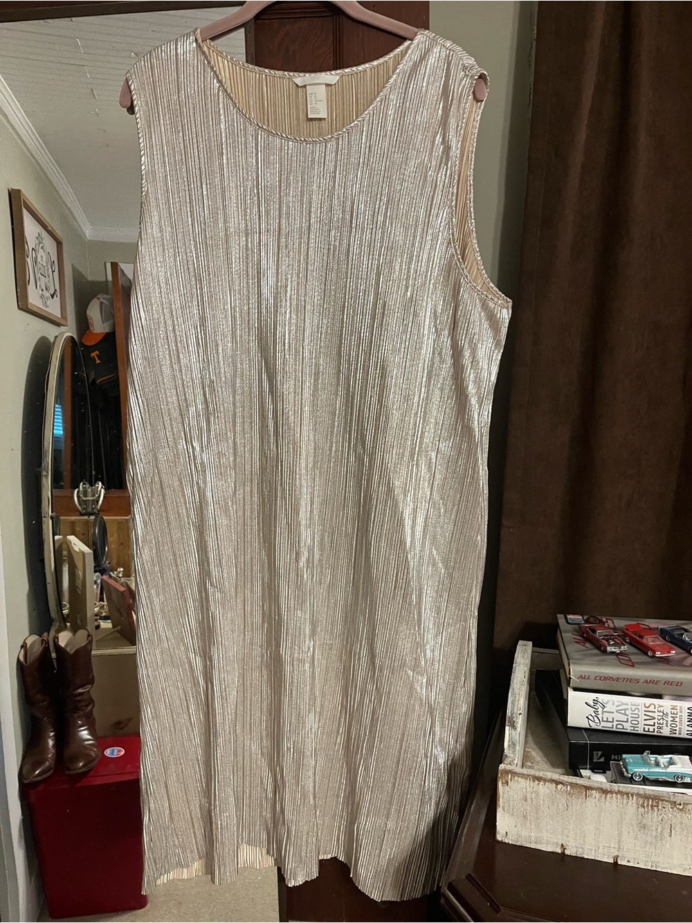 H&M Metallic Pleated Midi Dress in Champagne